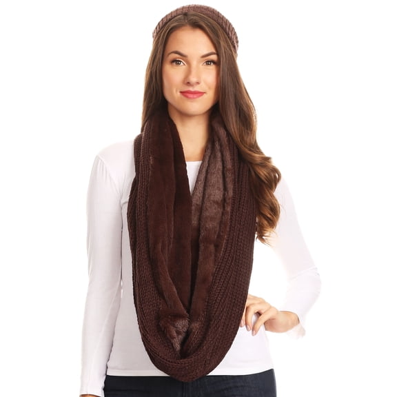 Sakkas Balencia Cool Girl Long Wide Soft Fur Lined Infinity Scarf Beanie Hat Set - Chocolate - One Size Regular