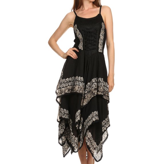 Sakkas Batik Corset Style Bodice Handkerchief Hem Dress - Black / White - One Size