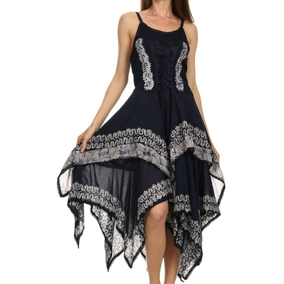 Sakkas Batik Corset Style Bodice Handkerchief Hem Dress - Navy / White - One Size