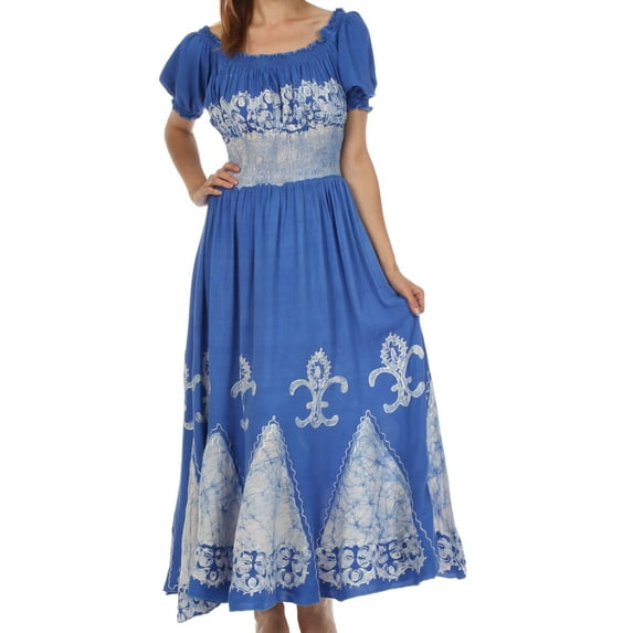 Sakkas Batik Fleur De Lis Embroidered Peasant Dress - Royal Blue - One Size