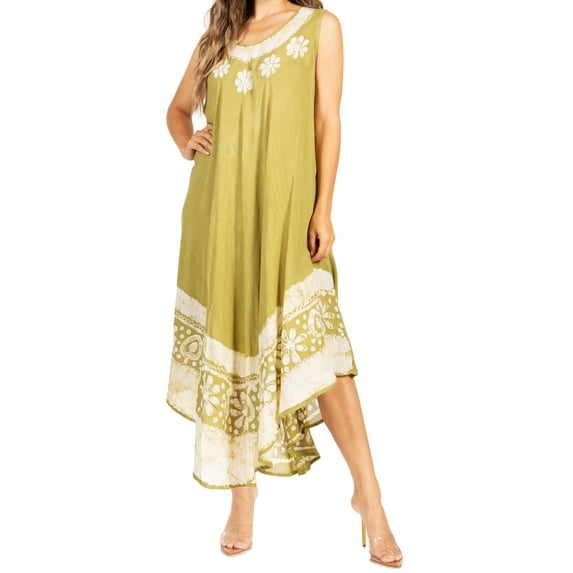 Sakkas Batik Flower Caftan Tank Dress / Cover Up - Avocado - One Size