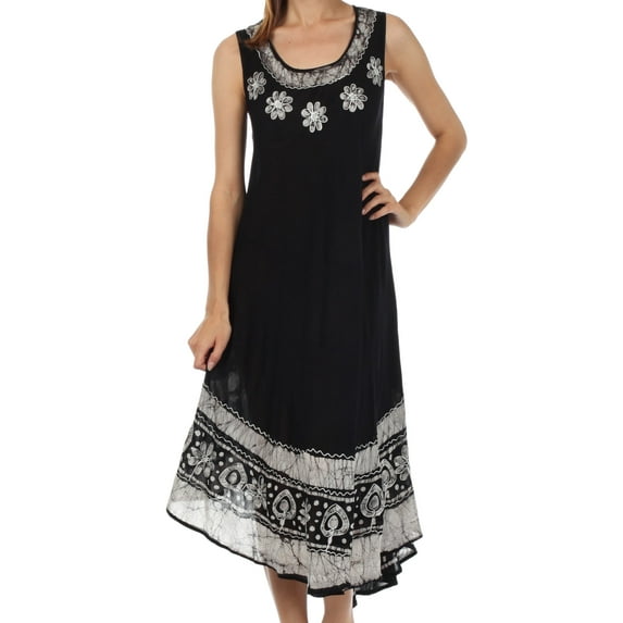 Sakkas Batik Flower Caftan Tank Dress / Cover Up - Black / White - One Size