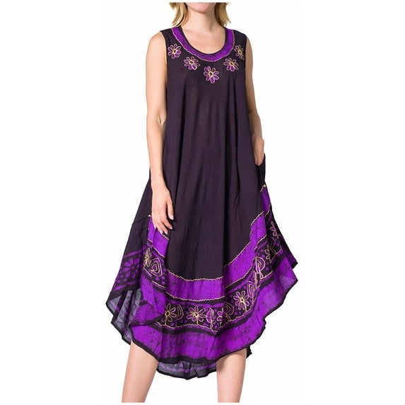 Sakkas Batik Flower Caftan Tank Dress / Cover Up - Eggplant - One Size
