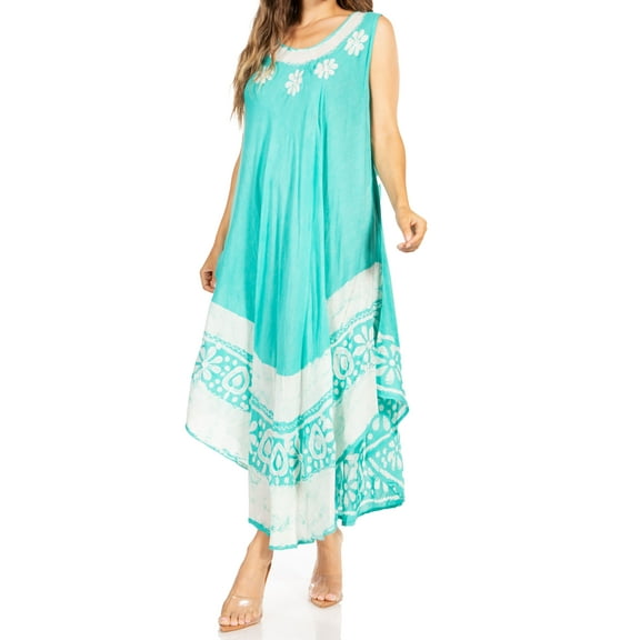 Sakkas Batik Flower Caftan Tank Dress / Cover Up - Mint - One Size