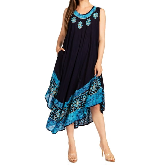 Sakkas Batik Flower Caftan Tank Dress / Cover Up - Navy / Turquoise - One Size
