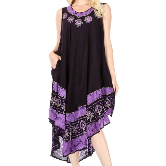 Sakkas Batik Flower Caftan Tank Dress / Cover Up - Purple - One Size