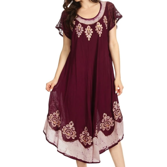 Sakkas Batik Hindi Cap Sleeve Caftan Dress / Cover Up - Chocolate - One Size