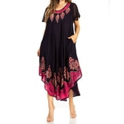 Sakkas Batik Hindi Cap Sleeve Caftan Dress / Cover Up - Navy / Pink - One Size Regular