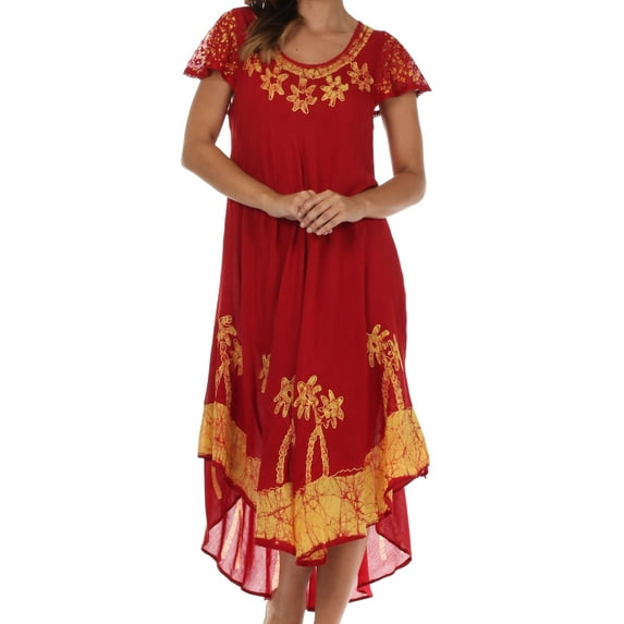 Sakkas Batik Palm Tree Cap Sleeve Caftan Dress / Cover Up - Red / Gold - One Size