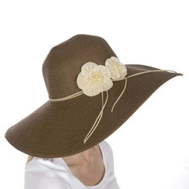 Sakkas Bella UPF 50+ 100% Paper Straw Flower Accent Wide Brim Floppy Hat - Brown - One Size