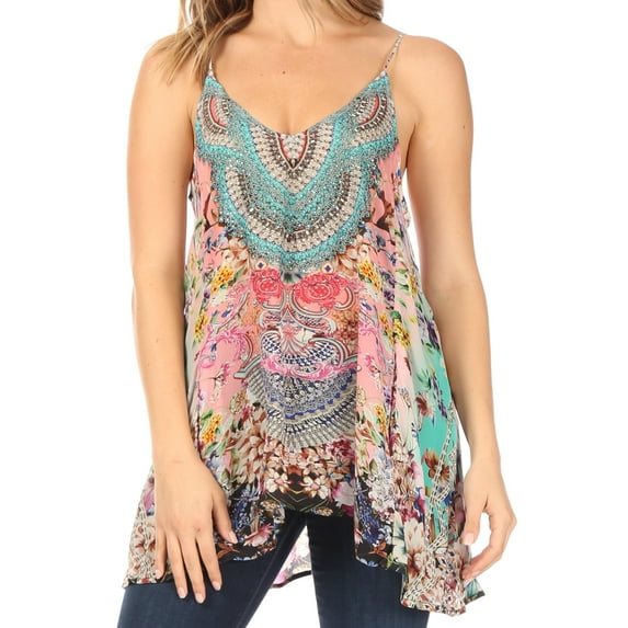 Sakkas Bette Women's Casual Boho Loose Printed Spaghetti Strap Top Tank Camisole - 465 - One Size
