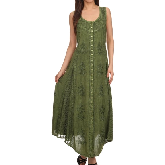 Sakkas Beverlee Embroidered Button Down Sleeveless Caftan Dress - Green - S/M
