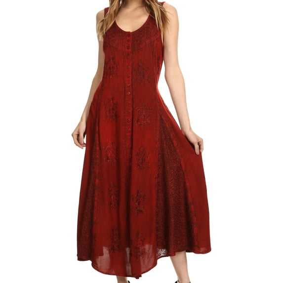 Sakkas Beverlee Embroidered Button Down Sleeveless Caftan Dress - Red - L/XL