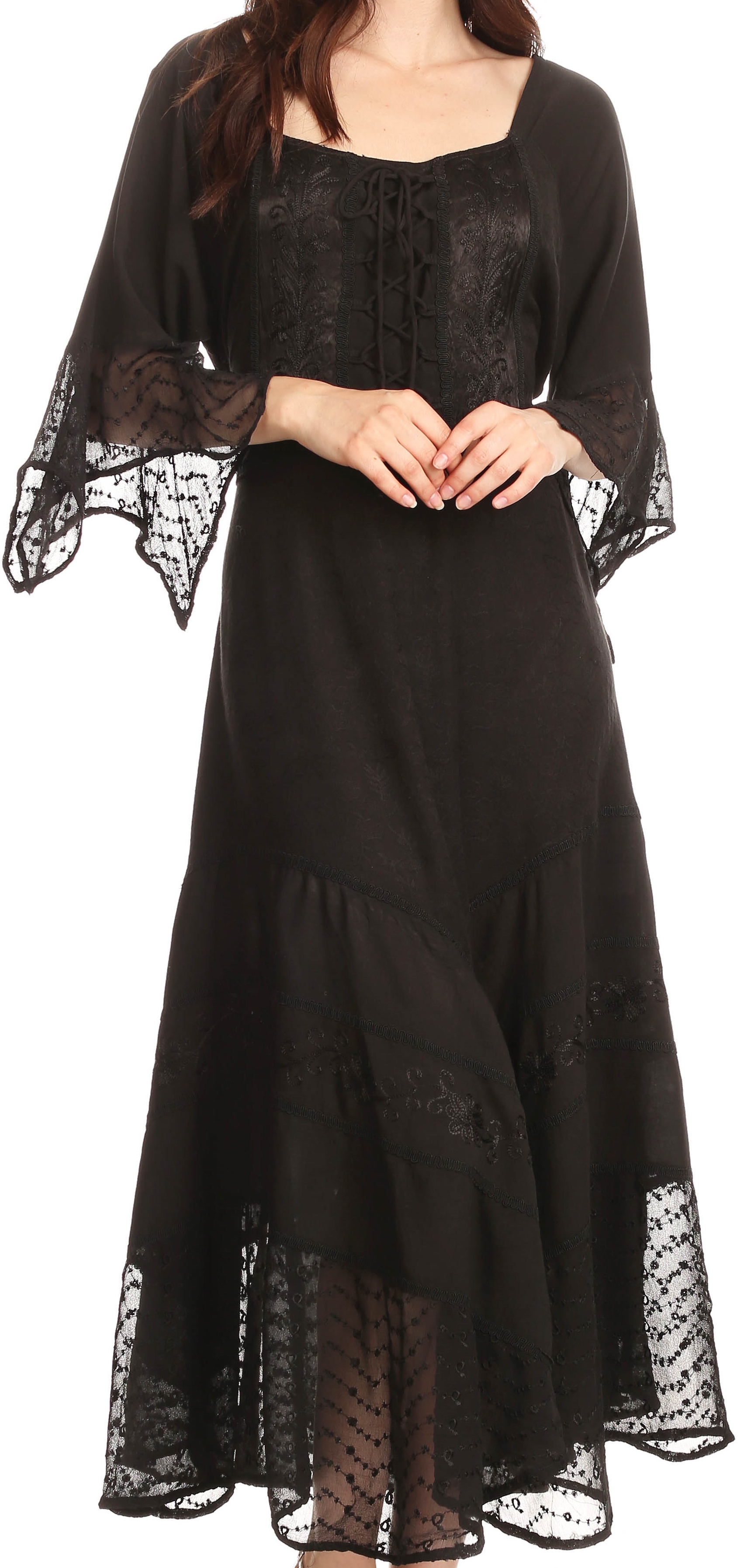 Sakkas Bexley Scoop Neck Bell Sleeve Bohemian Gypsy Embroidered Corset Dress  - Black - S/M - Walmart.com
