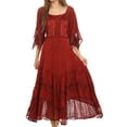 thumbnail image 1 of Sakkas Bexley Scoop Neck Bell Sleeve Bohemian Gypsy Embroidered Corset Dress - Red - S/M, 1 of 5