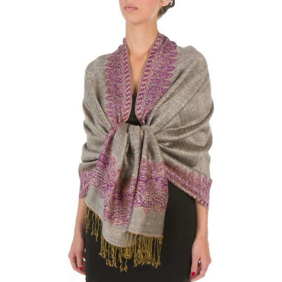 Sakkas Border Pattern Layered Reversible Woven Pashmina Shawl Scarf Wrap Stole - Black / Ivory - One Size