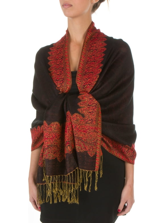 Sakkas Border Pattern Layered Reversible Woven Pashmina Shawl Scarf Wrap Stole - Black Red - One Size