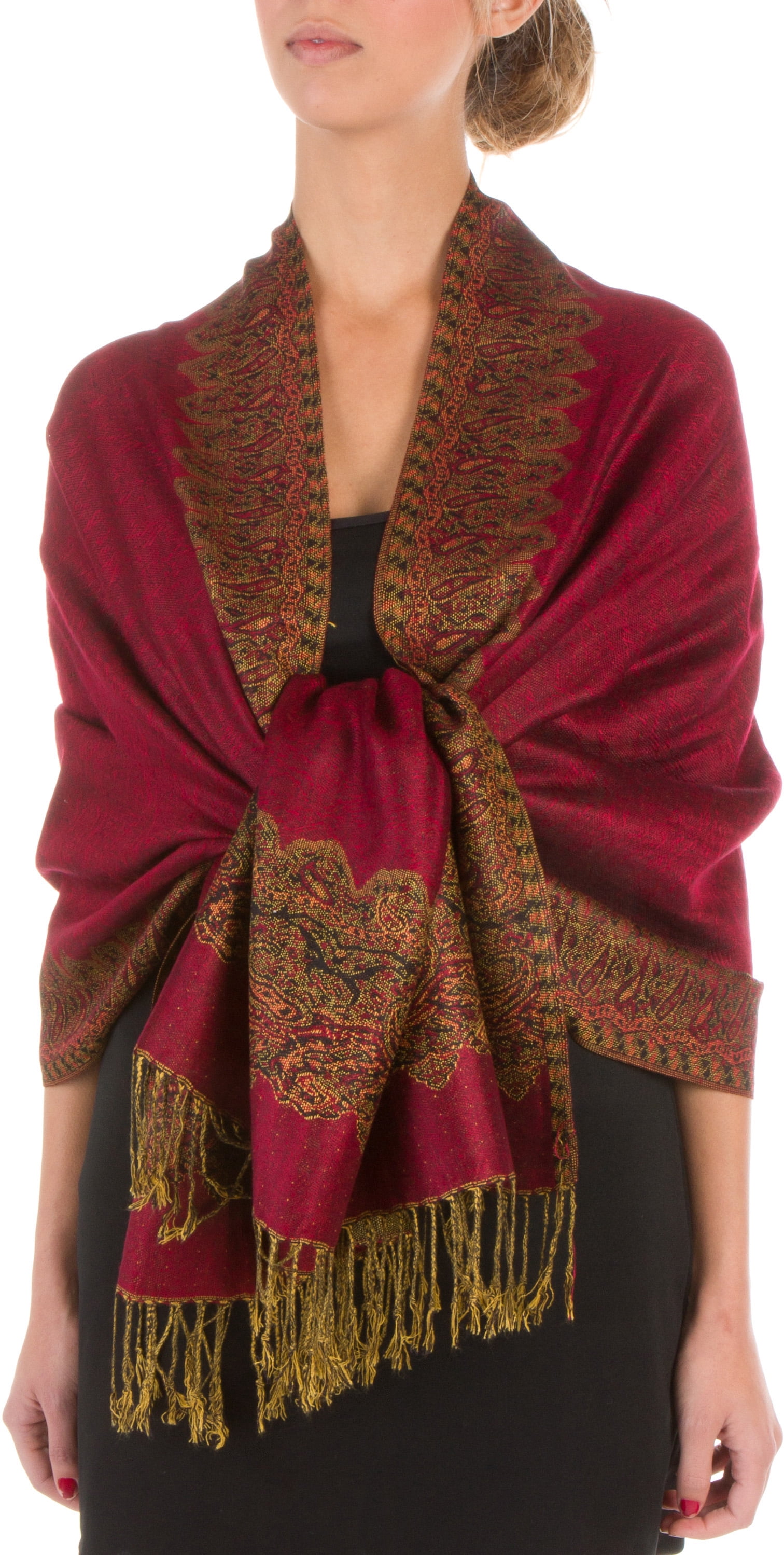 Sakkas Border Pattern Layered Reversible Woven Pashmina Shawl Scarf Wrap Stole - Burgundy - One Size