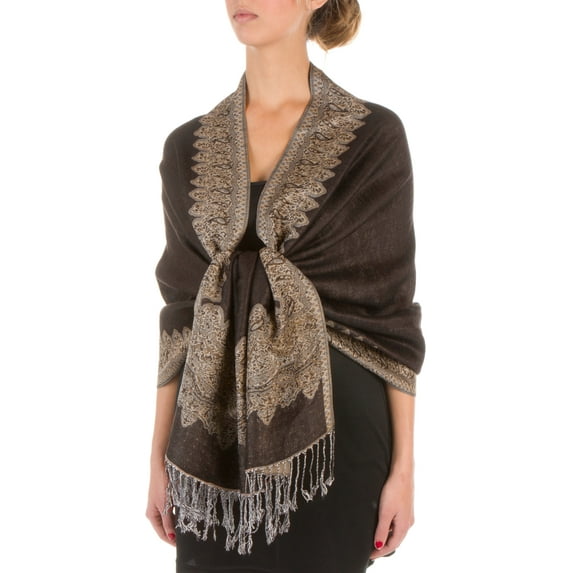 Sakkas Border Pattern Layered Reversible Woven Pashmina Shawl Scarf Wrap Stole - Dark Chocolate - One Size