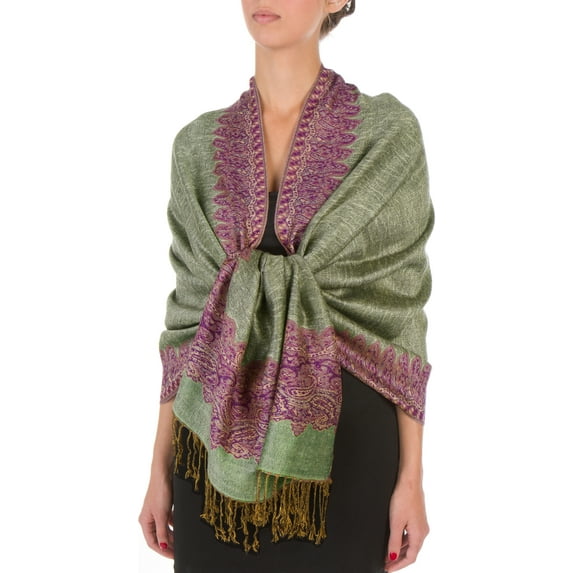 Sakkas Border Pattern Layered Reversible Woven Pashmina Shawl Scarf Wrap Stole - Green Purple - One Size