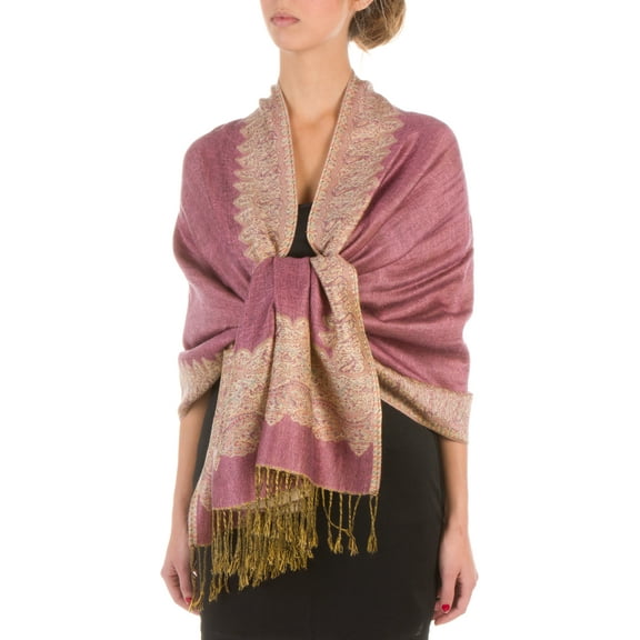 Sakkas Border Pattern Layered Reversible Woven Pashmina Shawl Scarf Wrap Stole - Mauve - One Size