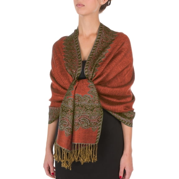 Sakkas Border Pattern Layered Reversible Woven Pashmina Shawl Scarf Wrap Stole - Tangerine - One Size