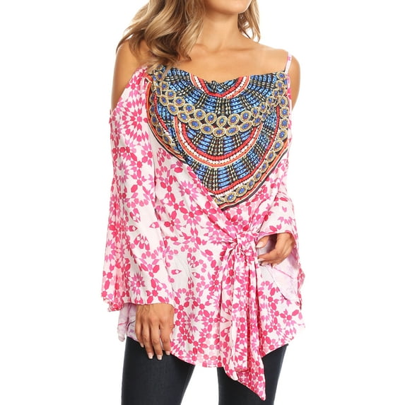 Sakkas Bosede Off Shoulder Bell Sleeve Casual Top Blouse w/Print and Rhimestones - 17214-Pinksnowflake - OS
