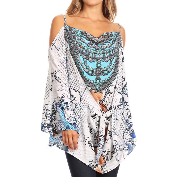 Sakkas Bosede Off Shoulder Bell Sleeve Casual Top Blouse w/Print and Rhimestones - 17215-Whitesnake - OS