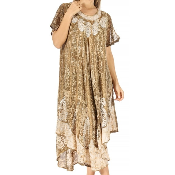 Sakkas Bree Long Embroidered Cap Sleeve Marbled Dress - Army Green - One Size Regular