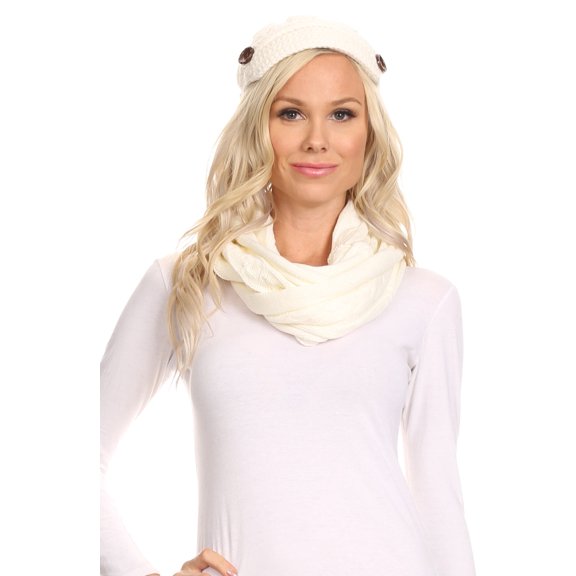Sakkas Bri Classic Button Cable Knit Beanie Hat And Matching Infinity Scarf Set - Ivory - OS