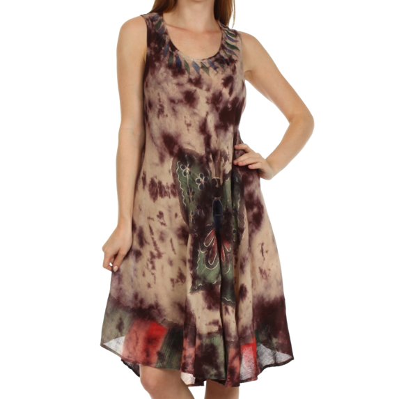 Sakkas Butterfly Tie Dye Tank Sheath Caftan Mid Length Dress - Chocolate / Cream - One Size