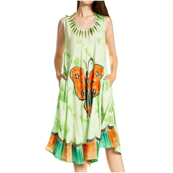 Sakkas Butterfly Tie Dye Tank Sheath Caftan Mid Length Dress - Green - One Size