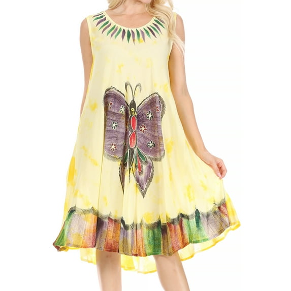 Sakkas Butterfly Tie Dye Tank Sheath Caftan Mid Length Dress - Yellow - One Size