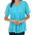 thumbnail image 1 of Sakkas Button Down Embroidered Short Sleeve Semi-Sheer Gauzy Cotton Top / Blouse - Turquoise - Large, 1 of 4