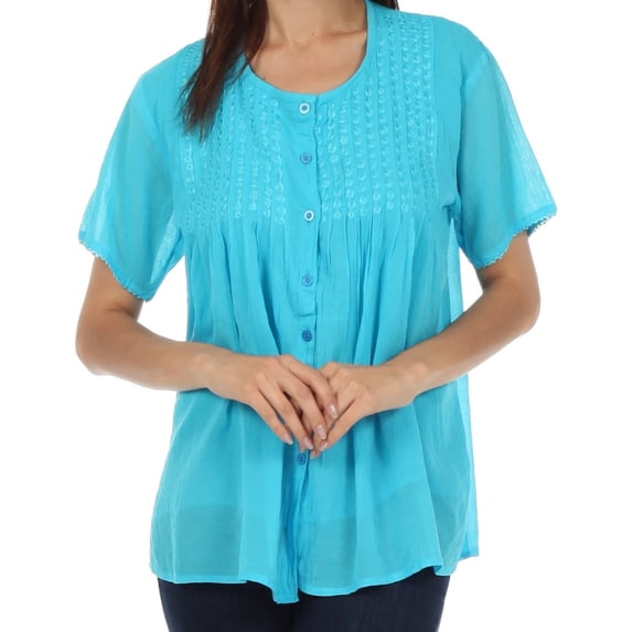 Sakkas Button Down Embroidered Short Sleeve Semi-Sheer Gauzy Cotton Top / Blouse - Turquoise - Large