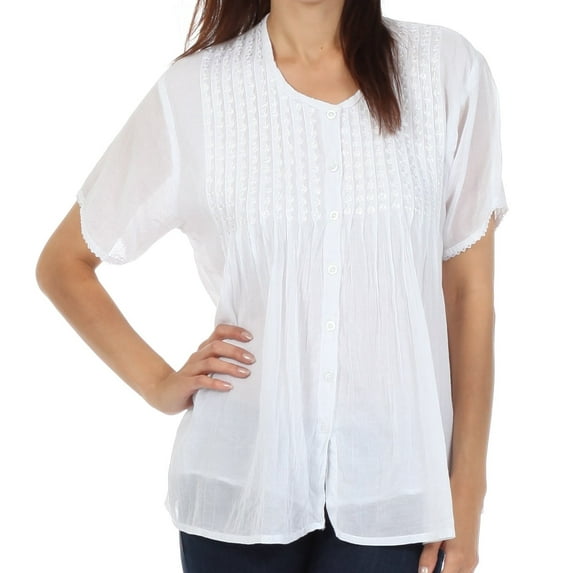 Sakkas Button Down Embroidered Short Sleeve Semi-Sheer Gauzy Cotton Top / Blouse - White - 2XL