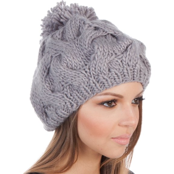 Sakkas Cable Knit Pom Pom Thick Slouch Hat - Gray - One Size