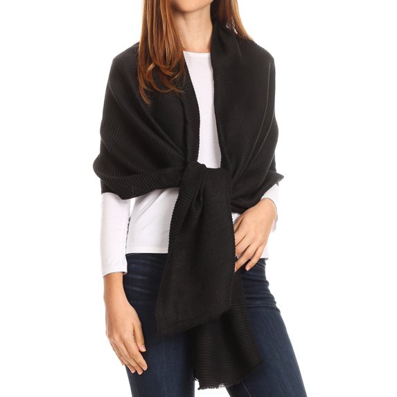 Sakkas Cara Pleated Crinkle Soft and Warm Shawl/ Wrap/ Stole - Black - One Size Regular