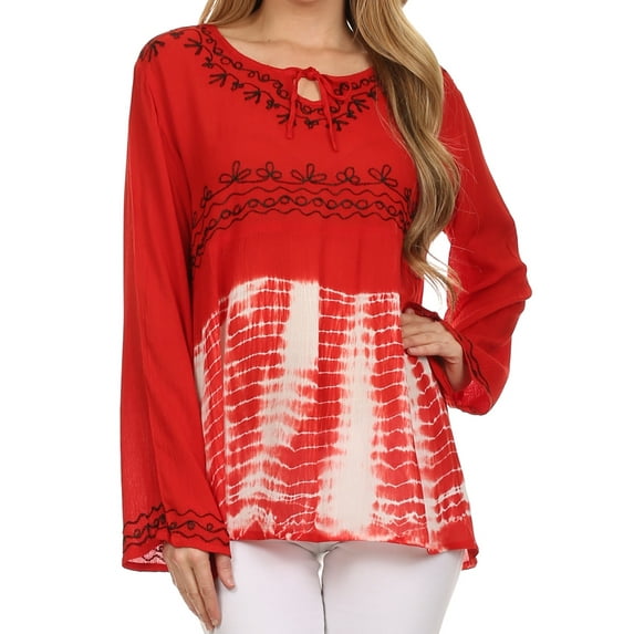 Sakkas Carla Tie Dye Embroidered Tunic Top / Blouse - Red - OS