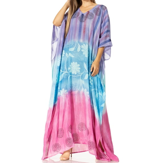 Sakkas Catia Women's Boho Casual Long Maxi Caftan Dress Kaftan Cover-up LougeWear - 15-Blue - One Size