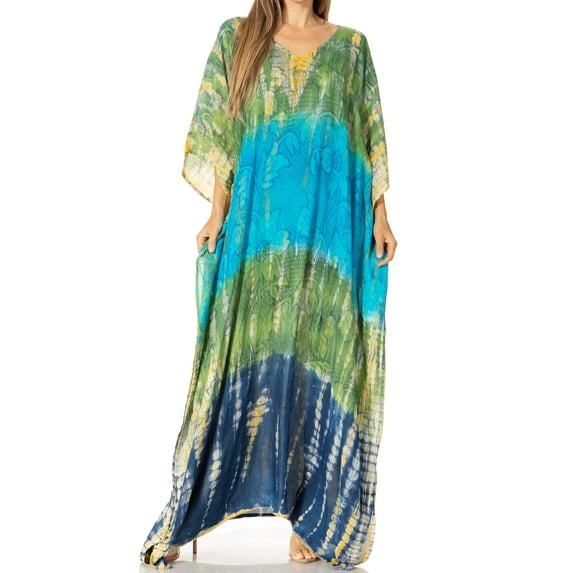 Sakkas Catia Women's Boho Casual Long Maxi Caftan Dress Kaftan Cover-up LougeWear - 17-Green - One Size