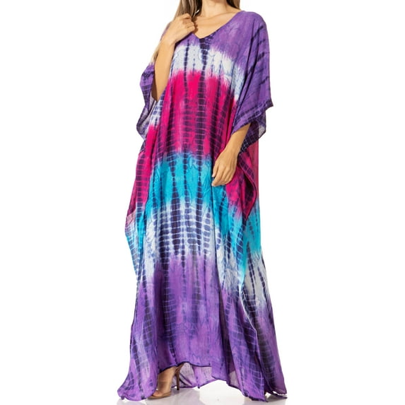 Sakkas Catia Women's Boho Casual Long Maxi Caftan Dress Kaftan Cover-up LougeWear - 17-Purple - One Size