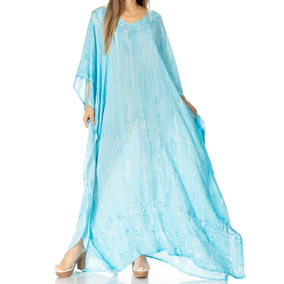 Sakkas Catia Women's Boho Casual Long Maxi Caftan Dress Kaftan Cover-up LougeWear - 22-Turquoise - One Size