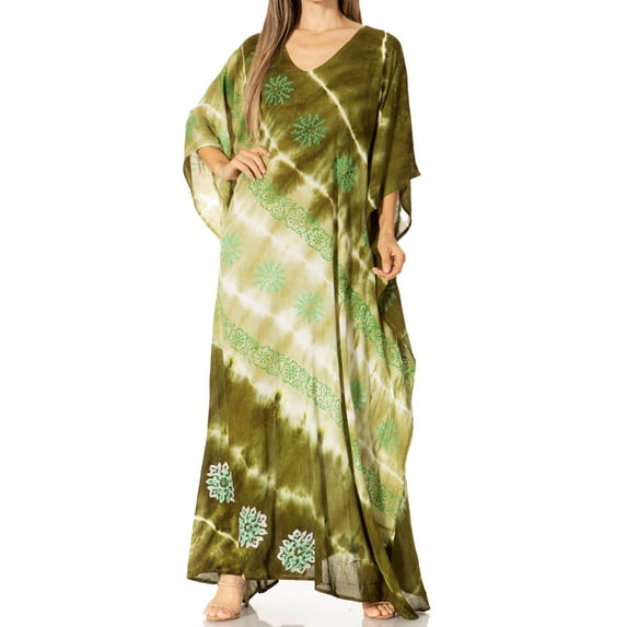 Sakkas Catia Women's Boho Casual Long Maxi Caftan Dress Kaftan Cover-up LougeWear - 23-Green - One Size