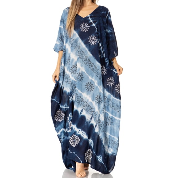 Sakkas Catia Women's Boho Casual Long Maxi Caftan Dress Kaftan Cover-up LougeWear - 23-Greynavy - One Size