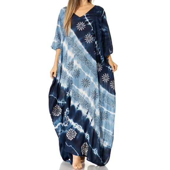 Sakkas Catia Women's Boho Casual Long Maxi Caftan Dress Kaftan Cover-up LougeWear - 23-Greynavy - One Size