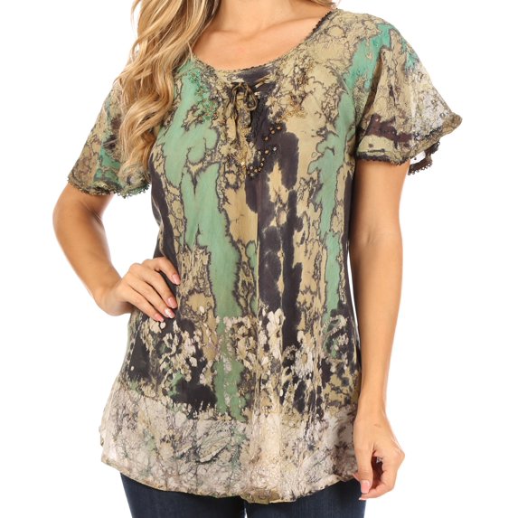 Sakkas Celia Marble Batik Short Sleeve Blouse/Top with Embroidery and Crochet - Green - Plus Size