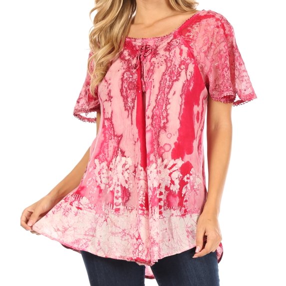 Sakkas Celia Marble Batik Short Sleeve Blouse/Top with Embroidery and Crochet - Pink - One Size
