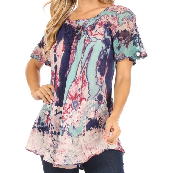 Sakkas Celia Marble Batik Short Sleeve Blouse/Top with Embroidery and Crochet - Purple - Plus Size