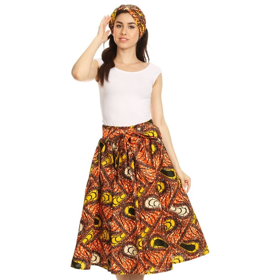 Sakkas Celine African Dutch Ankara Wax Print Full Circle Skirt - 1116-OrangeYellow - One Size Regular